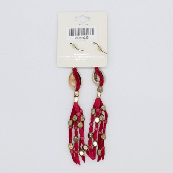 Mia Collection Red Tassel Gold Tone Dangle Shell Hook Earrings - Picture 2 of 3
